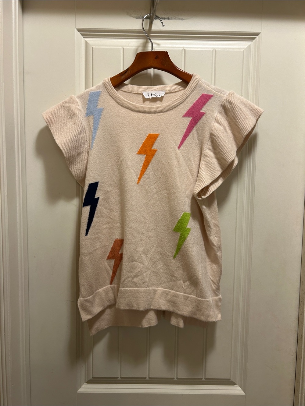 THML Cream Knit Top with Multicolor Lightning Bolts